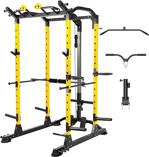 2024 Upgraded T2 Power Cage Muti-Function Power Rack with Lat Pulldown System Squat Rack with Weights and Bar Set for Home Gym with Unique Training Attachment