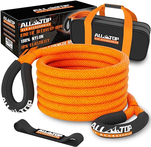 ALL-TOP Kinetic Recovery Rope, 48000 Lbs (1in x 30ft Orange) Extreme Duty 30% Elasticity Energy Snatch Strap for 4x4 Offroad Vehicle