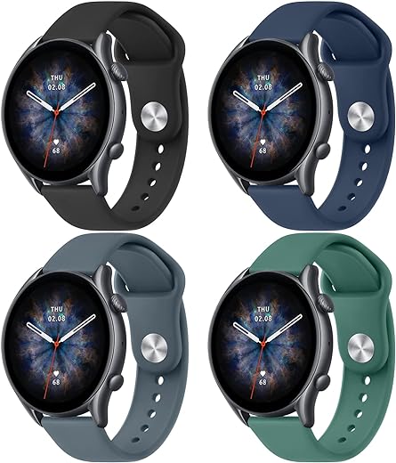 Amzpas Silicone Band for Amazfit GTR 3 Pro/ GTR 3/ GTR 2e/ GTR 2/ GTR 4/ Amazfit GTR 47mm Smart Watch, 22mm 4 Pack Soft Quick-Release Replacement Wristband with Simple Buckle, Sport Strap for Men Women