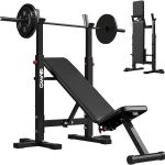 Bench Press with Squat Rack, GMWD Foldable 660LBS Weight Bench Set, Multi-Functional Chest Press Machine with Bar Holder, Flat Incline Bench for Chest, Shoulder Home Gym Equipment, Black