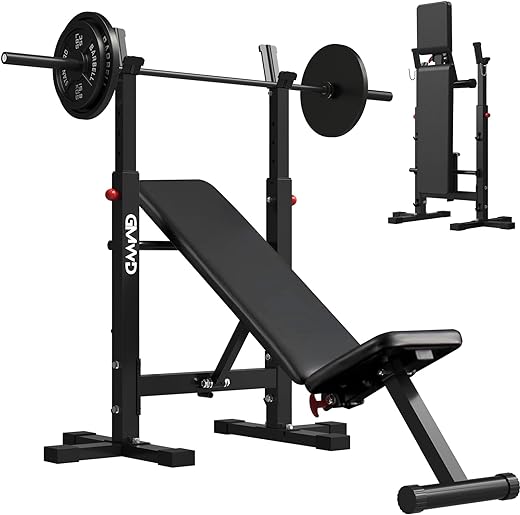 Bench Press with Squat Rack, GMWD Foldable 660LBS Weight Bench Set, Multi-Functional Chest Press Machine with Bar Holder, Flat Incline Bench for Chest, Shoulder Home Gym Equipment, Black