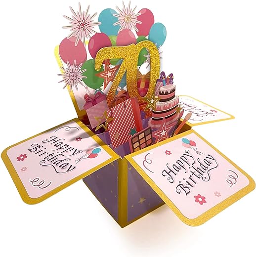 Cheers To 70th Birthday Pop Up Card for Husband Wife, Colorful 70 Bday 3d Gift from Grandchildren, Shiny 70 Year Old Card for Him Her, Good 70 Birthday Gift Idea for Women Men