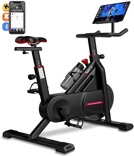 Exercise Bike with Exclusive App, Stationary Bikes for Home, Silent Belt Drive, Adjustable Resistance and Comfortable Seat Cushion Indoor for Home Cardio Workout
