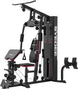 Home Gym Station, 150LB Weight Stack Multifunctional Home Gym Equipment for Full Body Strength Training Workout, LAT Pulldown Pulley System, Chest/Leg Exercise and Preacher Curl Fitness