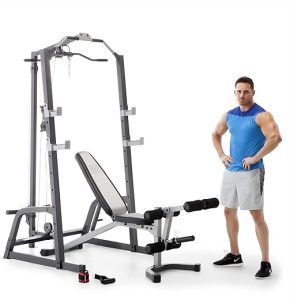Marcy Pro Deluxe Cage System with Weightlifting Bench All-in-One Home Gym Equipment PM-5108,Black/Silver