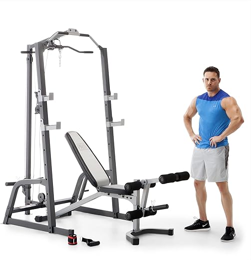 Marcy Pro Deluxe Cage System with Weightlifting Bench All-in-One Home Gym Equipment PM-5108,Black/Silver