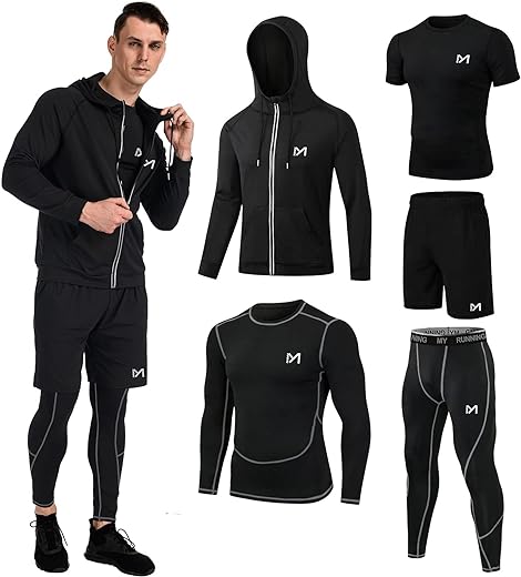 MEETYOO mens 5pcs Men's Compression Sets Pants Long Sleeve Shirt Athletic Shorts Running JacketShirt