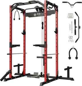 Mikolo Power Cage, Power Rack with LAT Pulldown, 1200 Pounds Capacity Workout Cage with More Training Attachments, Squat Rack for Home Gym, F4 Versions