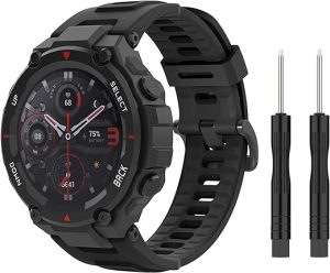 MoKo Watch Band Compatible with Amazfit T-Rex/T-Rex Pro Smartwatch, Soft Silicone Replacement Sport Strap Breathable Wristband Bracelet with Tools, Black