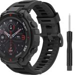 MoKo Watch Band Compatible with Amazfit T-Rex/T-Rex Pro Smartwatch, Soft Silicone Replacement Sport Strap Breathable Wristband Bracelet with Tools, Black