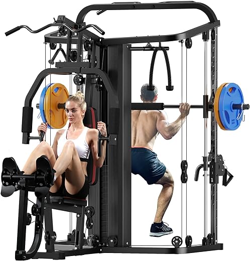 Multifunction Home Gym System Workout Station,Smith Machine with 138LB Weight Stack, Leg Press, LAT Station for Full Body Training
