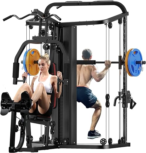 Multifunction Home Gym System Workout Station,Smith Machine with 138LB Weight Stack, Leg Press, LAT Station for Full Body Training (Home Gym Station)