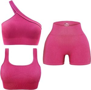 OLCHEE Womens 3 Piece Workout Sets - Seamless Ribbed Yoga Outfits Sports Bra One Shoulder Top Biker Shorts Gym Athletic Cloth