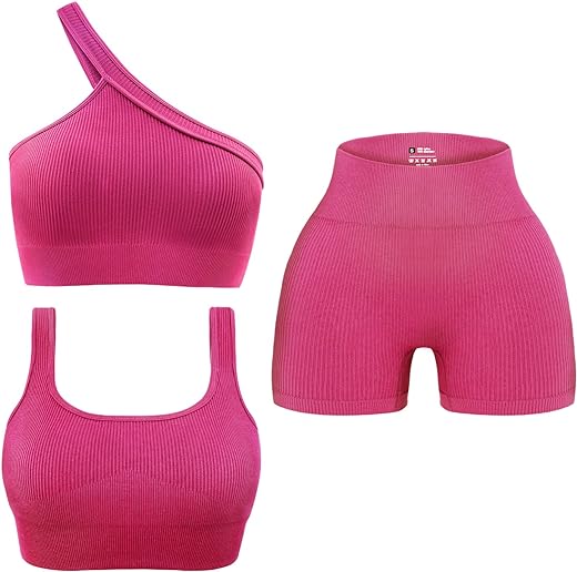 OLCHEE Womens 3 Piece Workout Sets - Seamless Ribbed Yoga Outfits Sports Bra One Shoulder Top Biker Shorts Gym Athletic Cloth