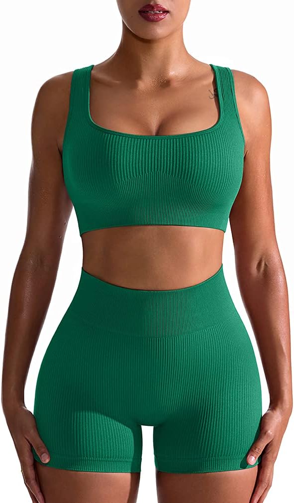 OQQ Workout Outfits for Women 2 Piece Seamless Ribbed High Waist Leggings with Sports Bra Exercise Set…