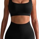 OQQ Workout Outfits for Women 2 Piece Seamless Ribbed High Waist Leggings with Sports Bra Exercise Set…