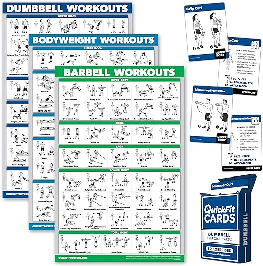 Palace Learning 4 Pack: Dumbbell + Bodyweight + Barbell Workout Poster Set + Dumbbell Exercise Playing Cards