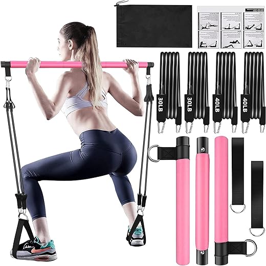 Pilates Bar Kit with Resistance Bands,3-Section Pilates Bar with Stackable Bands Workout Equipment for Legs,Hip,Waist and Arm,Exercise Fitness Equipment for Women & Men Home Gym Yoga Pilates