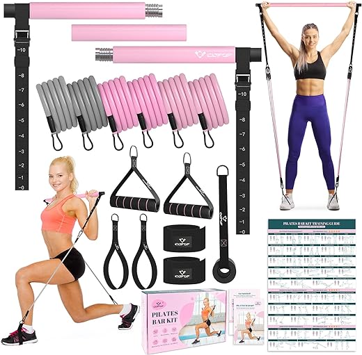 Pilates Bar Kit with Resistance Bands, Multifunctional Yoga Pilates Bar with Heavy-Duty Metal Adjustment Buckle, Portable Home Gym Pilates Resistance Bar Kit for Women Full Body Workouts