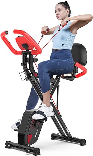 pooboo Folding Exercise Bike, Foldable Fitness Stationary Bike Machine, Upright Indoor Cycling Bike, Magnetic X-Bike with 8-Level Adjustable Resistance, Bottle Holder & Back Support Cushion for Home Gym Workout
