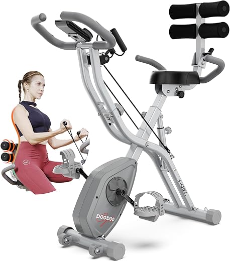 Pooboo Folding Exercise Bike Magnetic Resistance, Multi-functional, Enhanced Comfort Design, 8-Level Resistance Adjustment, LCD Display, Heart Rate Sensor, 330LB Capacity 5-in-1 Stationary Bike Ideal for the Entire Family