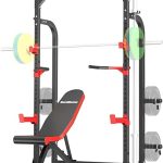 Power Cage Squat Rack with Bench, Multi-Functional Power Rack with J-Hooks, Dip Handles, Weight Plate and Olympic Bar Storage Home Gym