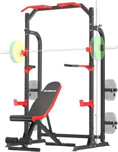 Power Cage Squat Rack with Bench, Multi-Functional Power Rack with J-Hooks, Dip Handles, Weight Plate and Olympic Bar Storage Home Gym