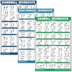 QUICKFIT 3 Pack - Dumbbell Workouts + Bodyweight Exercises + Barbell Routine Poster Set - Set of 3 Workout Charts (Laminated, 18" x 27")