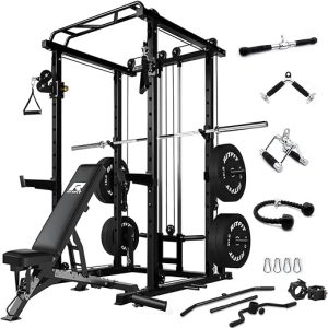 RitFit Multi-function Squat Rack Power Cage PPC03 with Cable Crossover System, 1000LBS Capacity Power Rack and Packages with Optional Weight Bench, Olympic Barbell Weight Set, for Garage & Home Gym