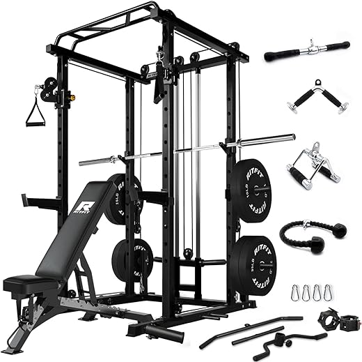 RitFit Multi-function Squat Rack Power Cage PPC03 with Cable Crossover System, 1000LBS Capacity Power Rack and Packages with Optional Weight Bench, Olympic Barbell Weight Set, for Garage & Home Gym