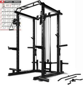RitFit Multi-function Squat Rack Power Cage PPC03 with Cable Crossover System, 1000LBS Capacity Power Rack and Packages with Optional Weight Bench, Olympic Barbell Weight Set, for Garage & Home Gym