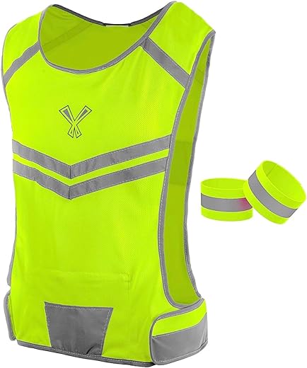 Running Reflective Vest with Inside Pocket and 2 Bands, High Visibility Reflective Running Gear Safety Vest Straps for Men Women Kids for Night Running Walking Cycling