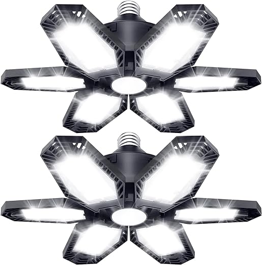 TANBABY 2 Pack LED Garage Lights, Total 30000LM Deformable Best Garage Light Ceiling LED Shop Lights, 150W E26/E27 LED Light Garage Lighting with 6+1 Adjustable Panels Garage Bulb for Basement, Attic