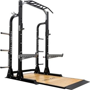 Valor Fitness Half Rack Squat Machine - 5 Position Multi-Grip Pull Up Station - Adjustable Height, Plate Storage, Bar Storage and Resistance Band Pegs – 750lbs.- Optional Weightlifting Platform Bundle