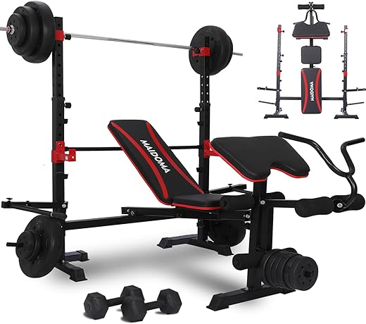 Weight Bench Set with Leg Extension/Curl and Preacher Curl, Bench Press Set and Squat Rack, Foldable Workout Benches for Home, 900LBS, 6 IN 1 Design(US Stock）